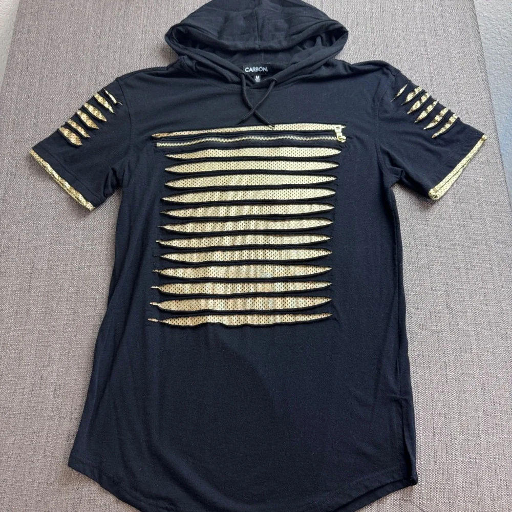 Carbon Mens Black Gold Metallic Mesh Slashed Short Sleeve Hoodie Shirt Medium